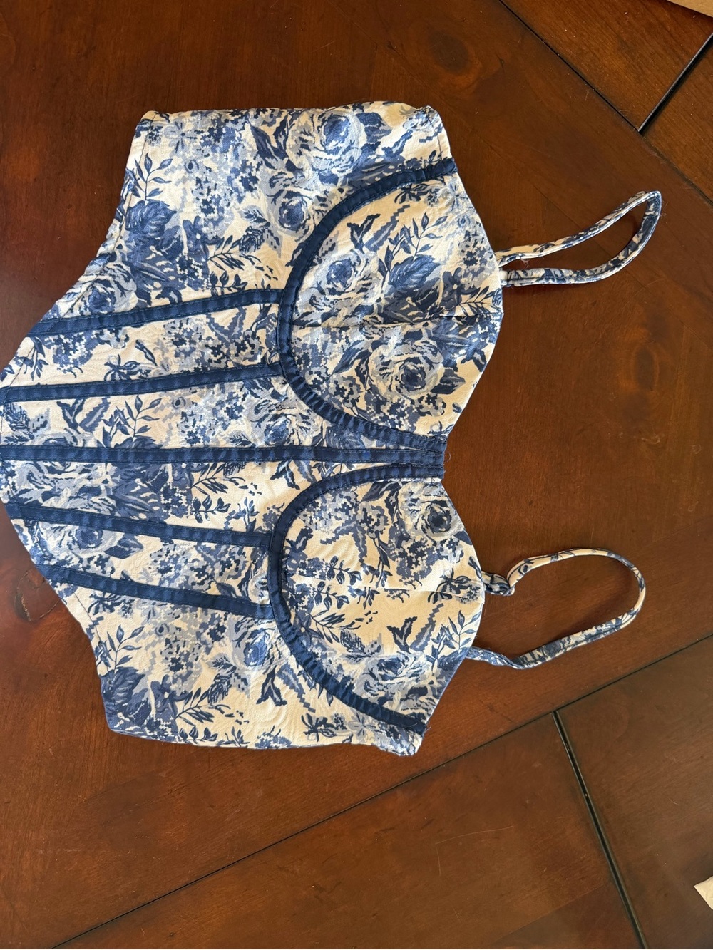 SHEIN Blue and White Floral Bustier Crop Top